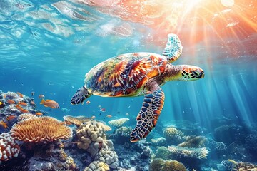 Fototapeta premium Tropical marine life: Colorful sea turtle in coral reef habitat