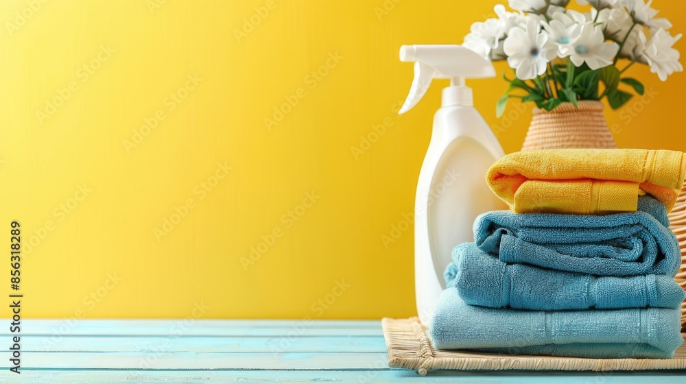Poster laundry day setup with detergent and towels on indoor table text space