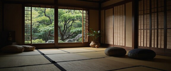 Fototapeta premium Japanese Meditation Room with Tatami Mats and Zabuton Pillows.
