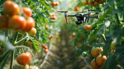 Mini drone flying in a greenhouse with tomato crop. AI generated illustration