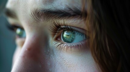 A woman's eye is wet and blurry. The reflection of the wetness is visible in the eye