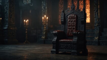 Royal throne dark Gothic throne, front view, evil and luxury, Halloween scene background.