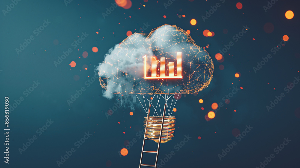 Poster a light bulb connected to a cloud with data charts, symbolizing the growth and analysis of cloud-bas