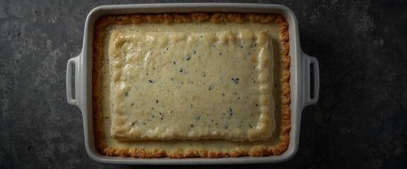 Swedish traditional cheese pie in the oven dish, gray background, top view Swedish cuisine concept.
