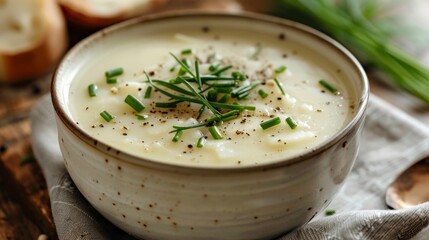 cozy potato soup, homemade creamy potato soup in a white bowl, topped with chives and black pepper, a delicious comfort food choice