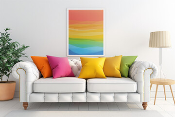 modern living room with sofa, Interior poster mock-up in a living room featuring a colorful white sofa, perfect lighting, ultra-realistic 3D rendering