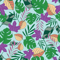 Monstera Leaves and Colorful Friends on Blue Background seamless pattern print background