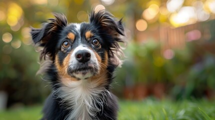 cute puppy exploring, playful australian shepherd puppy with floppy ears exploring the backyard garden, with a curious expression, a charming and cute pet