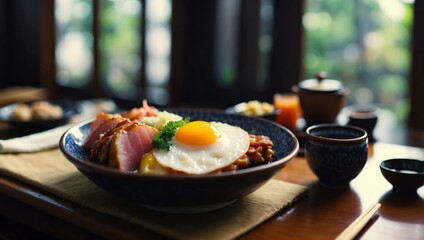 traditional japanese style breakfast on table.