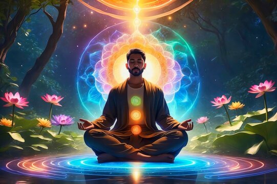 Vibrant meditation person luminous energy and chakras in mystical garden of radiant flowers.
