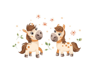 Cute cartoon ponies and flowers, vector illustration