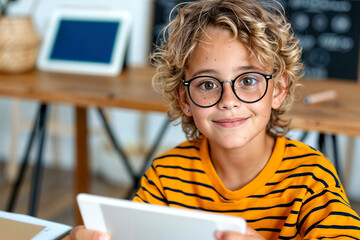 Young Student Uses Tablet In Classroom Setting. Generative AI