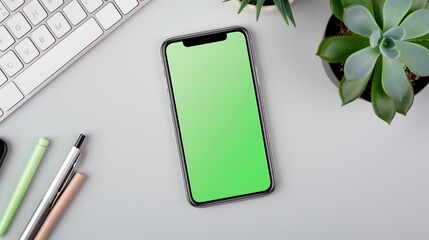 Modern smartphone with green screen on desk with office supplies