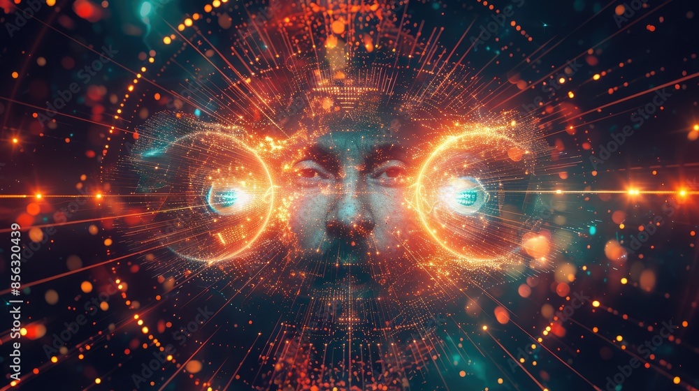 Poster The image is an abstract painting. It has a dark blue background with bright orange, yellow, and green shapes in the center. The shapes are arranged in a circular pattern and appear to be moving. The