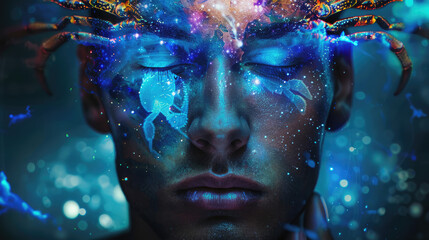 Man in the image of a zodiac sign Cancer on blurred background