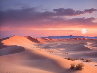"Desert Dreamscape: The Surreal Beauty of Sunset and Moonrise Over Expansive Dunes at Twilight"