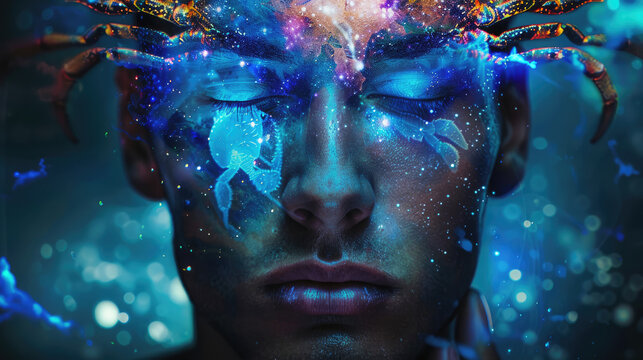 Man in the image of a zodiac sign Cancer on blurred background