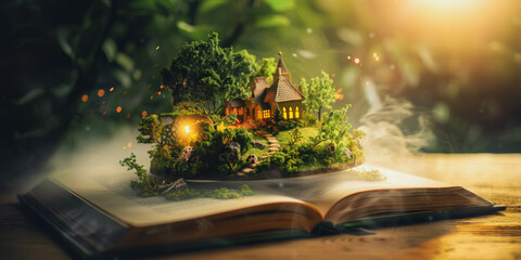 Fantasy world emerging from an open book