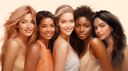 Obraz premium diverse group of smiling women, beauty and diversity, multicultural, unity concept, female empowerment, Women's Equality Day, illustration 