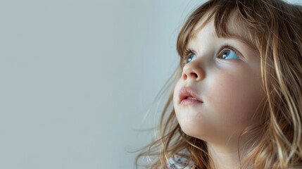 A Pretty Kid Looks Away, Isolated On A White Background, Lost In Thought