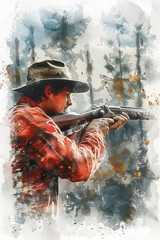 Watercolor painting of a male hunter using a gun in the forest.