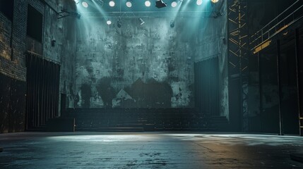 An empty stage bathed in the light of forgotten spotlights
