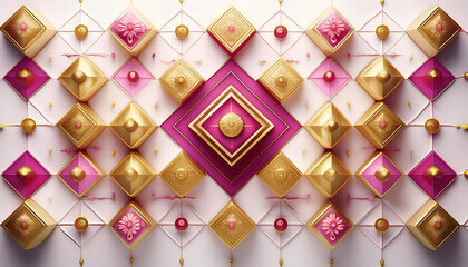 Ornate Gold Lotus Flower Design With Pink Petals on White Wall. Festival Greeting card and banner