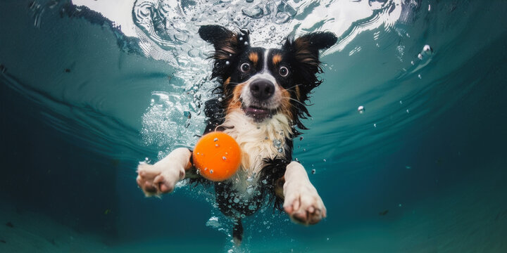 Underwater dog with orange ball in pool