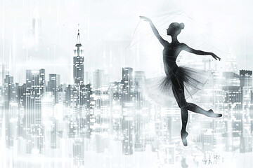 Obraz premium double exposure silhouette dancer in front of houses
