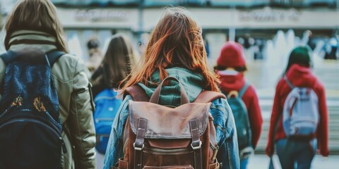 Young woman with backpack walking in city street