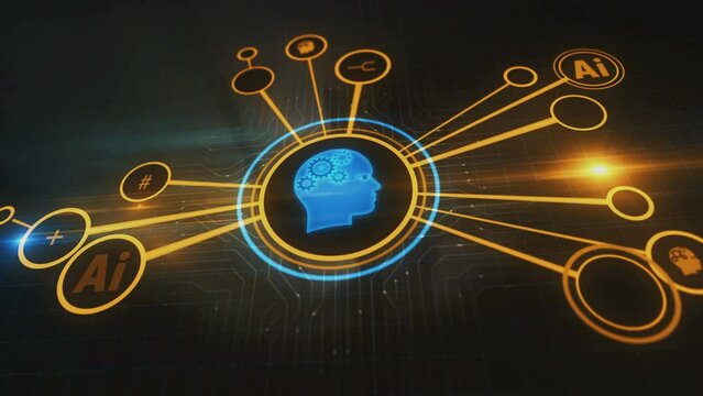 AI head artificial intelligence machine learning symbol digital concept. Cyber technology and computer network background abstract 3d animation.