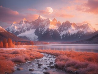 "Mountain Majesty: The Breathtaking Transition of Sunset to Moonrise Over Snow-Capped Peaks in a Serene Landscape"