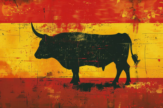 Pintura de la silueta de un toro bravo de perfil en color negro, sobre la bandera de Espa&ntilde;a