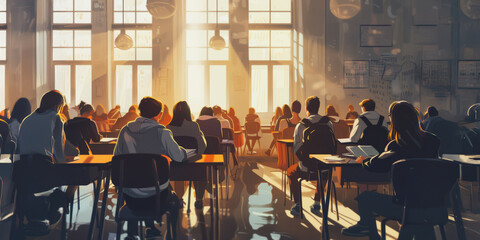 Obraz premium Students taking exams in a bright classroom