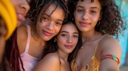 Obraz premium A Vertical Portrait Of A Group Of Multiracial Young Women, Smiling And Taking A Selfie Together