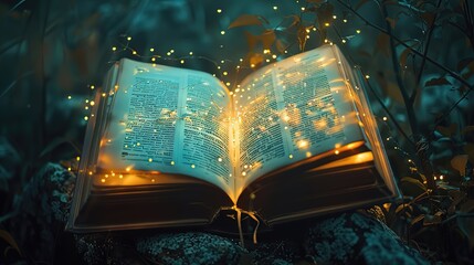 Magical Open Book on a Wooden Table Mystical Glow and Sparkles Imagination and Wisdom in a Dark Fantasy Library