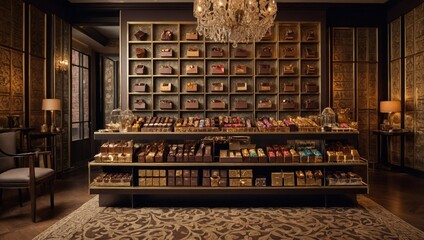 gourmet chocolate shop, featuring rows of indulgent truffle boxes and artisanal chocolate bars wrapped in vibrant, foil-stamped packaging, set against a backdrop of vintage-insp
