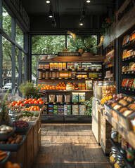 inclusive retail environment with a variety of fresh produce and organic products neatly displayed in a modern store