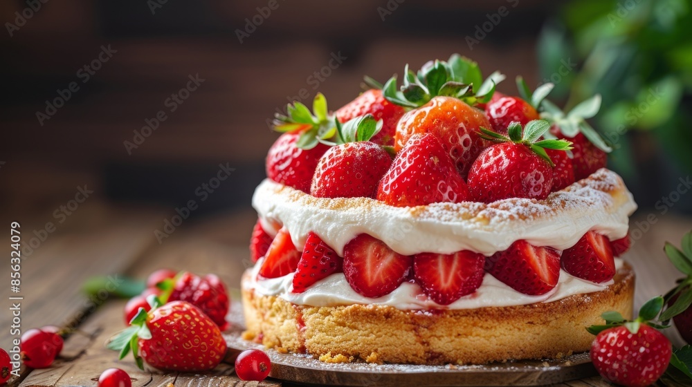 Canvas Prints dessert photography, delicious strawberry shortcake topped with fresh berries on a rustic wood table, a delightful treat for those who love strawberries