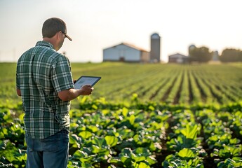 Farmer using AI technology on the tablet to inspect crops in field. Green sugar beet plants, silos, and barns in distance on a sunny day. Back view of farmer walking through fields - Generative AI