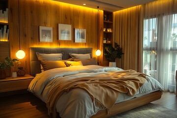 Obraz premium A bedroom with wooden paneling and light.