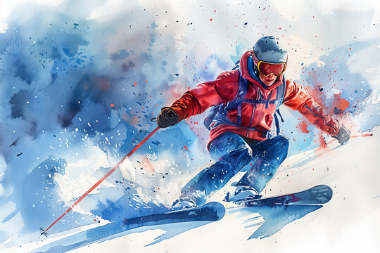 Watercolor painting of an athlete skiing down a snowy mountain.