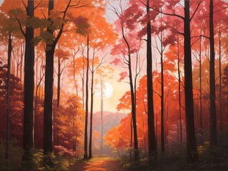 "Forest Symphony: The Harmonious Dance of Sunset and Moonrise Light Filtering Through Dense Trees in a Serene Woodland"