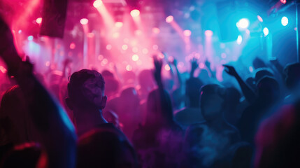 Experience a vibrant nightclub with neon lights, music, people dancing