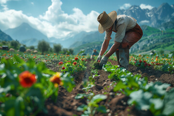 Fototapeta premium farmer wearing a straw hat tending to plants in a picturesque field with mountains in the background
