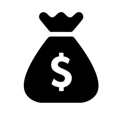Black vector illustration of a money bag with a dollar sign on it on a transparent background. Ideal for financial concepts, banking visuals, and wealth graphics