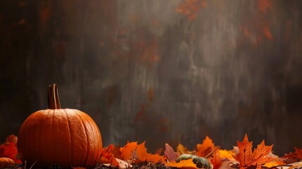 A lone pumpkin sits amongst fallen autumn leaves in a misty forest setting