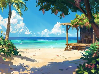 An idyllic illustration of a beachfront cabin surrounded by vibrant tropical plants, providing an ideal abstract background or wallpaper