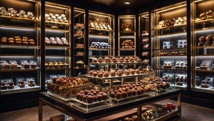 cozy chocolate shop, artisanal chocolates, gourmet truffles, pralines, shimmering foil, elegant glass display, chocolate lovers, sweet indulgence, handmade delicacies, small batch chocolates, luxury t