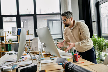 A businessman with a beard works at his computer in a modern office. The office is bright and airy, and the man looks focused and engaged.